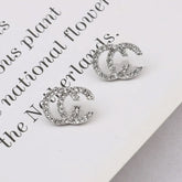Silver Pave Crystal Stud Earrings - Interlocking CC Design